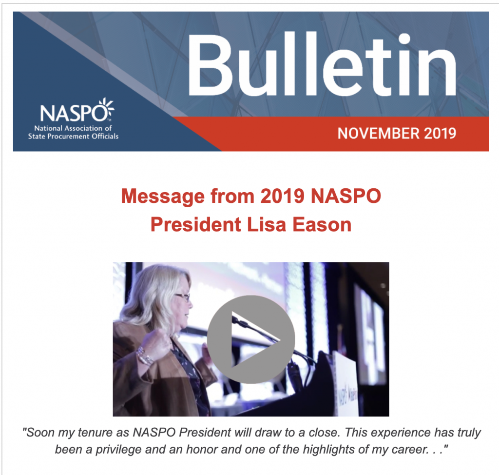 The 2019 NASPO Incoming President is charged with appointing members to fill vacancies on the Board of Directors, assign NASPO Board members to serve in designated champion roles and select committee leadership to serve for the calendar year 2020.