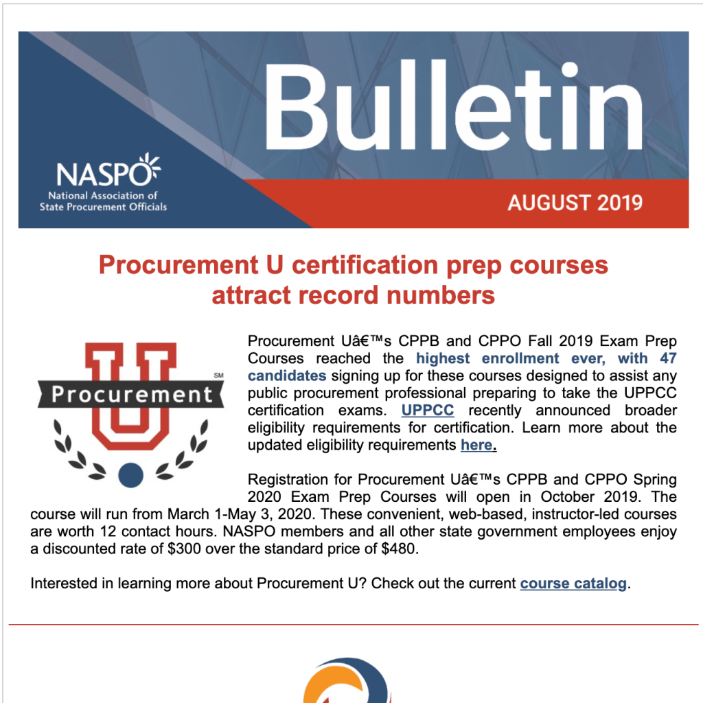 Procurement U's CPPB and CPPO Fall 2019 Exam Prep Courses reached the highest enrollment ever, with 47 candidates signing up for these courses designed to assist any public procurement professional preparing to take the UPPCC certification exams.