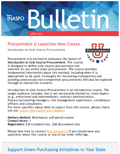Procurement U is excited to announce the launch of Introduction to Sole Source Procurement. This course is designed to define sole source procurement and examine its use within state procurement. The course provides fundamental information about this method, including when it is appropriate to be used.