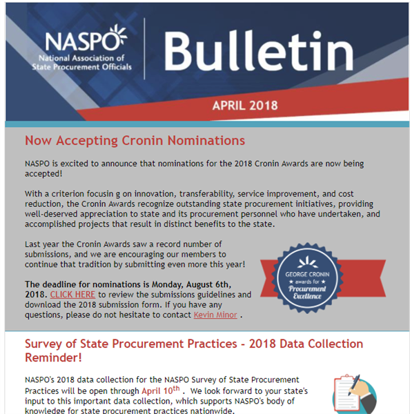 NASPO is excited to announce that nominations for the 2018 Cronin Awards are now being accepted!
With a criterion focusin g on innovation, transferability, service improvement, and cost reduction, the Cronin Awards recognize outstanding state procurement initiatives, providing well-deserved appreciation to state and its procurement personnel who have undertaken, and accomplished projects that result in distinct benefits to the state.