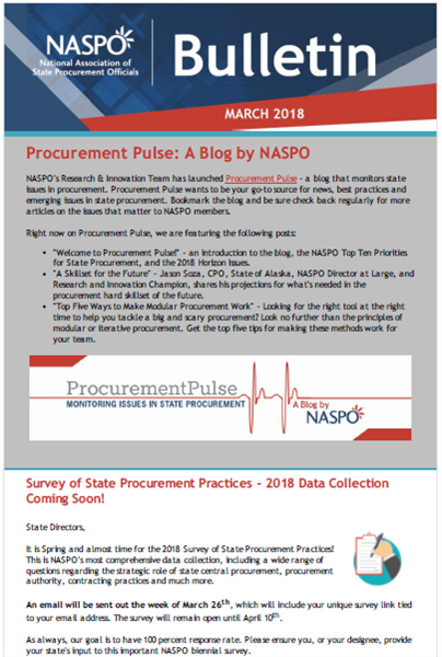 NASPO's Research & Innovation Team has launched Procurement Pulse - a blog that monitors state issues in procurement. Procurement Pulse wants to be your go-to source for news, best practices and emerging issues in state procurement. Bookmark the blog and be sure check back regularly for more articles on the issues that matter to NASPO members.