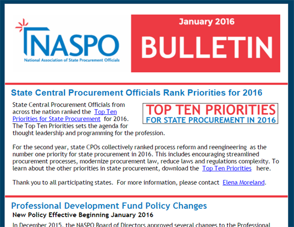 State Central Procurement Officials from across the nation ranked the  Top Ten Priorities for State Procurement  for 2016. The Top Ten Priorities sets the agenda for thought leadership and programming for the profession.