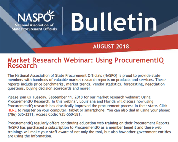The National Association of State Procurement Officials (NASPO) is proud to provide state members with hundreds of valuable market research reports on products and services. These reports include price benchmarks, market trends, vendor statistics, forecasting, negotiation questions, buying decision scorecards and more!