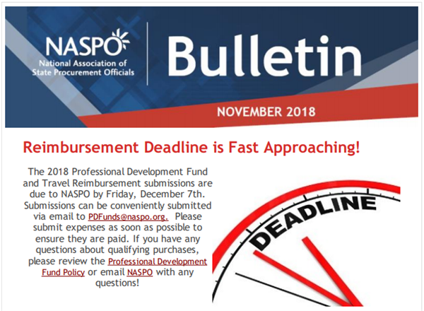 The 2018 Professional Development Fund and Travel Reimbursement submissions are due to NASPO by Friday, December 7th. Submissions can be conveniently submitted via email to PDFunds@naspo.org. Please submit expenses as soon as possible to ensure they are paid. If you have any questions about qualifying purchases, please review the Professional Development Fund Policy or email NASPO with any questions!