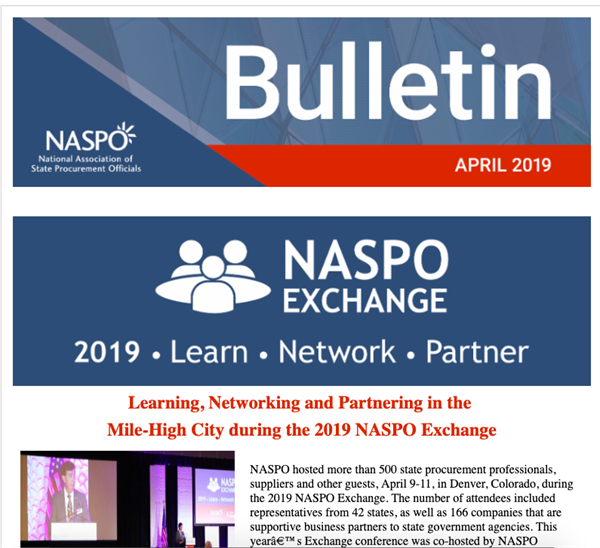 NASPO hosted more than 500 state procurement professionals, suppliers and other guests, April 9-11, in Denver, Colorado, during the 2019 NASPO Exchange. The number of attendees included representatives from 42 states, as well as 166 companies that are supportive business partners to state government agencies.