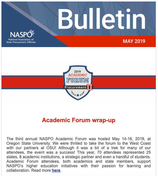 The third annual NASPO Academic Forum was hosted May 14-16, 2019, at Oregon State University. We were thrilled to take the forum to the West Coast with our partners at OSU! Although it was a bit of a trek for many of our attendees, the event was a success! This year, 70 attendees represented 25 states, 8 academic institutions, a strategic partner and even a handful of students.